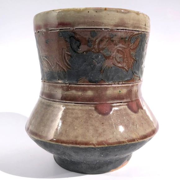 handmade pottery vase raku vessel leaves brown black blue drip 4 inches tall - Picture 3 of 16